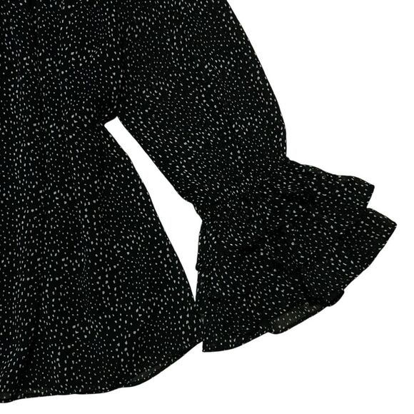 CECE NWT Black/White Dot Print Long Ruffle Sleeve Off Shoulder Chiffon Blouse L - Picture 6 of 13